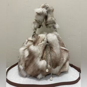 Gorgeous Real Fox Fur Handmade Drawstring Bucket Bag, Includes 2 Strap Styles